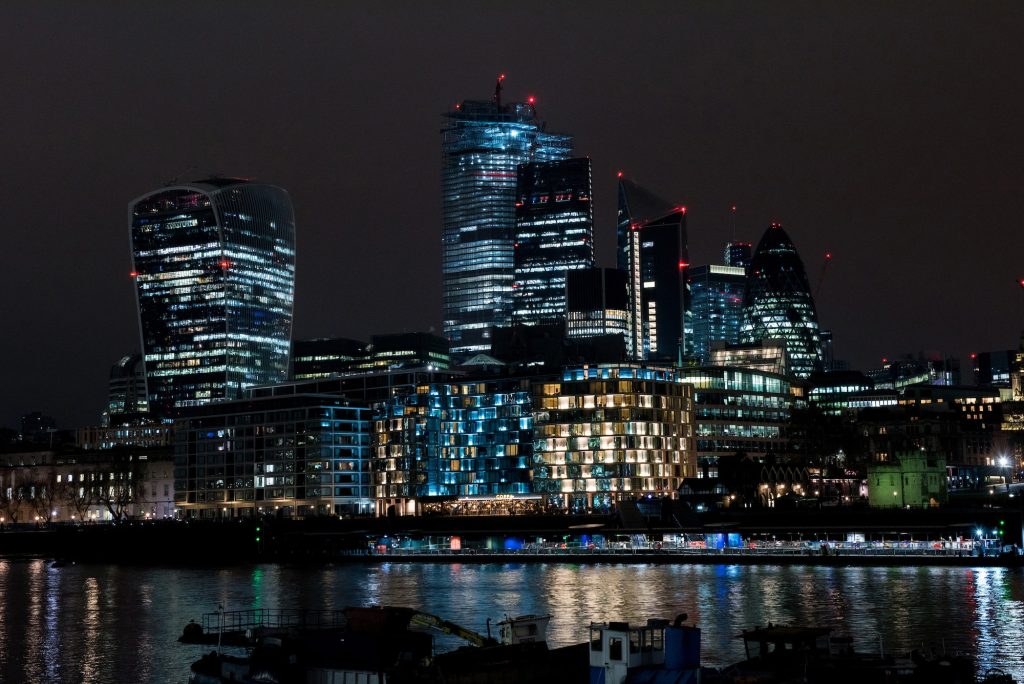 City of London financial district at night, UK